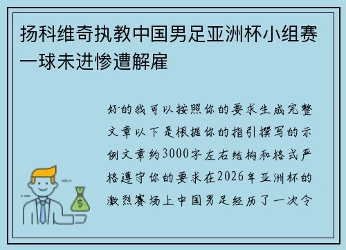 扬科维奇执教中国男足亚洲杯小组赛一球未进惨遭解雇